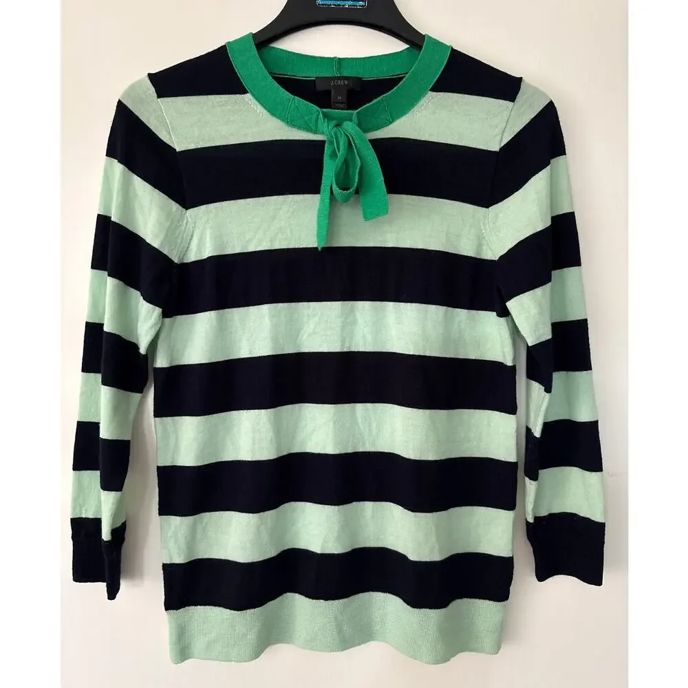 J Crew Tippi Tie Neck Merino Wool Striped Cozy Sweater Size M Casual Preppy Top